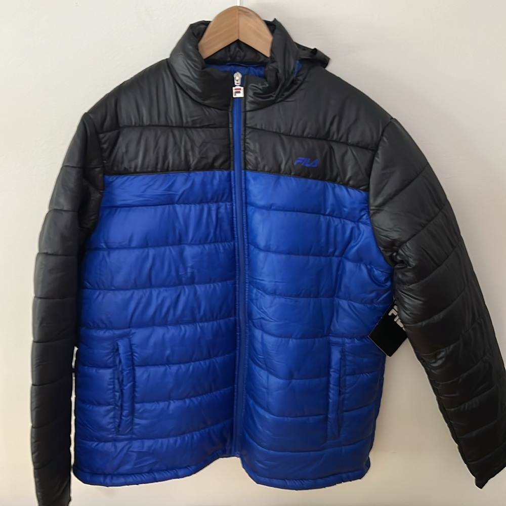 NEW M FILA Men's Dynamic Puffer Jacket, Medium - Blue/Black, Hidden Hood - Picture 2 of 4
